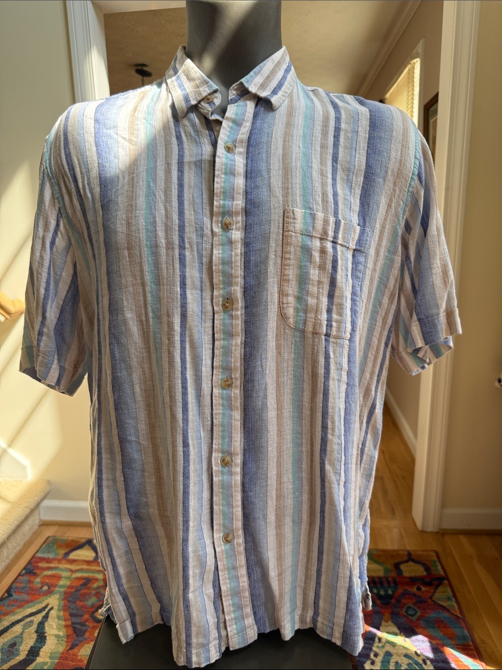 Tasso Elba Island Casual Short-Sleeve Button-Up Shirt in Blue & Cream Stripe XXL